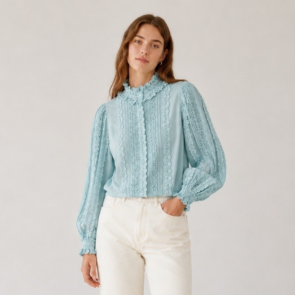 Alice + Olivia Womens Lace Pintuck Yvette Blouse S Waterfall Ruffle Victorian